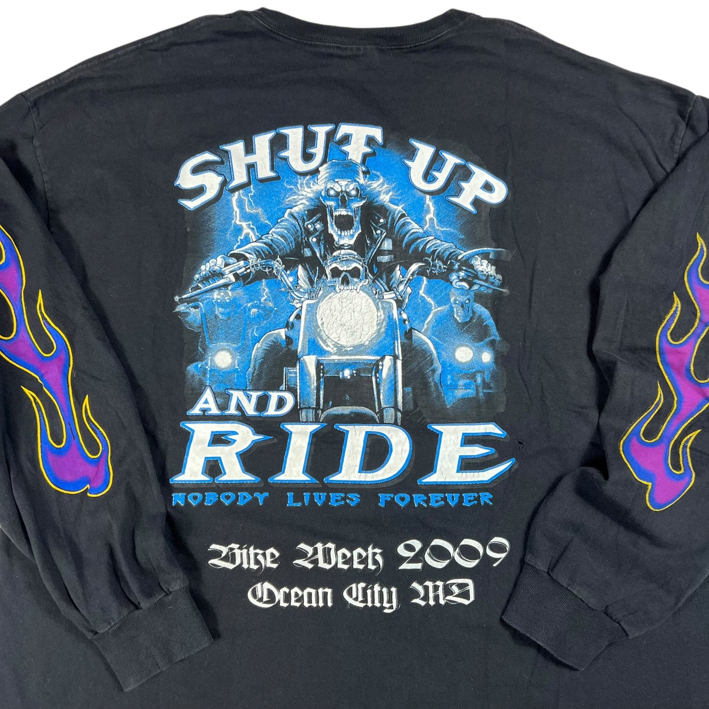 2009 Shut Up and Ride Bike Week long sleeve purple flames print shirt (XL)