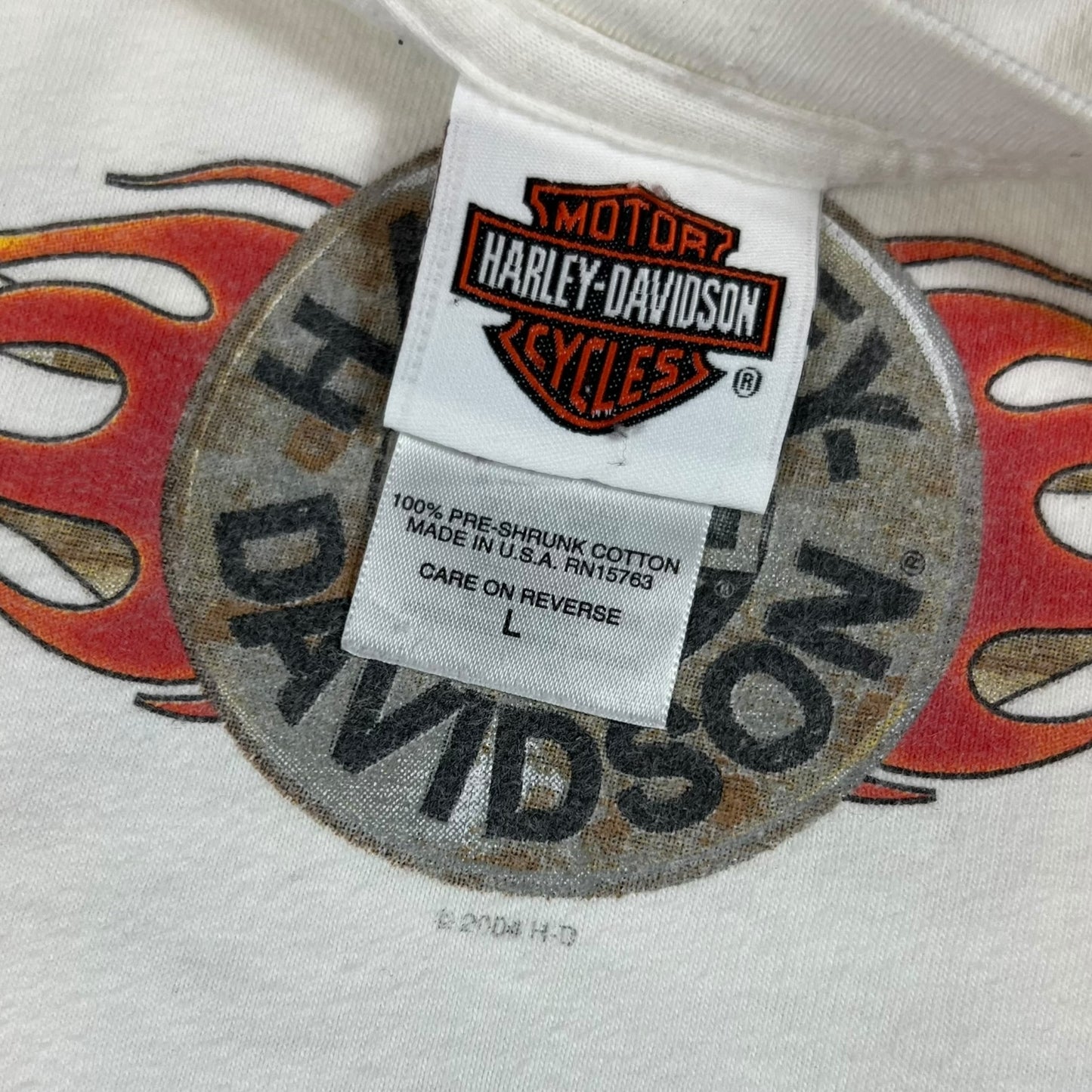Vintage 2004 Harley Davidson Nags Head long sleeve flames print shirt (L)