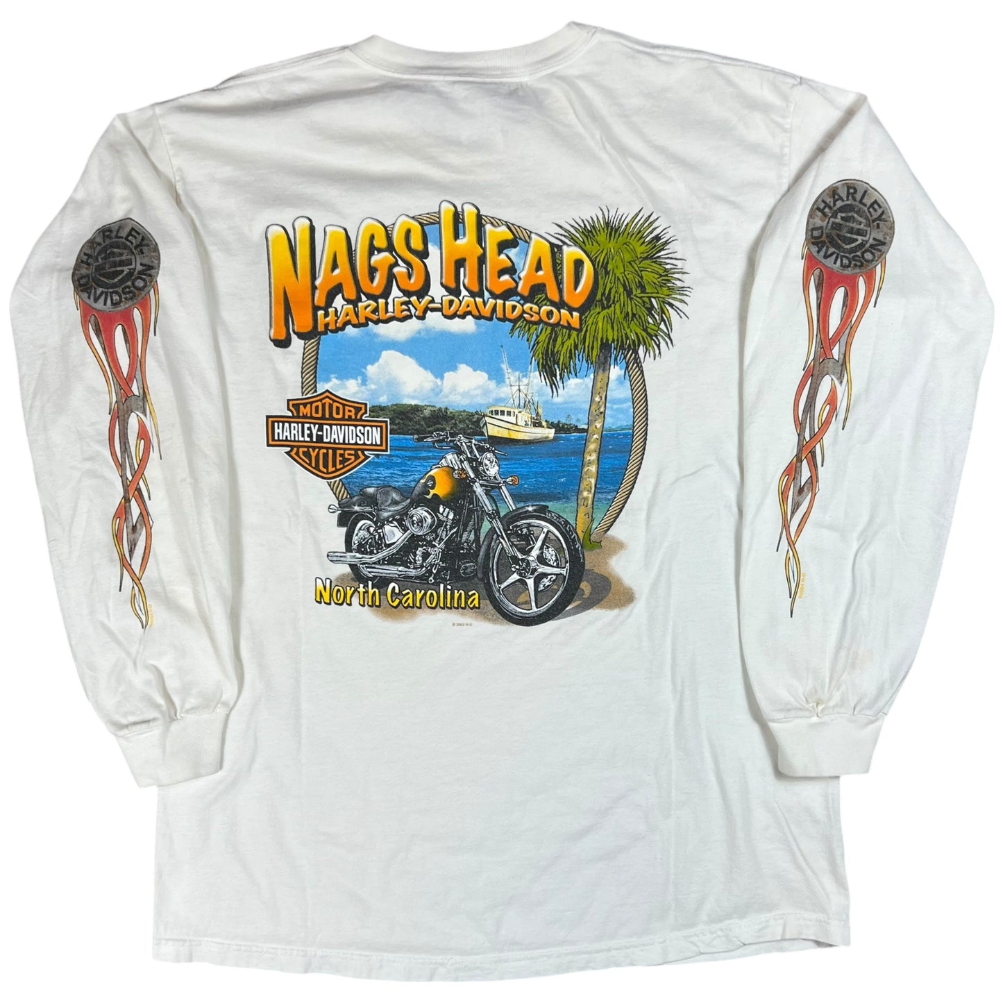 Vintage 2004 Harley Davidson Nags Head long sleeve flames print shirt (L)