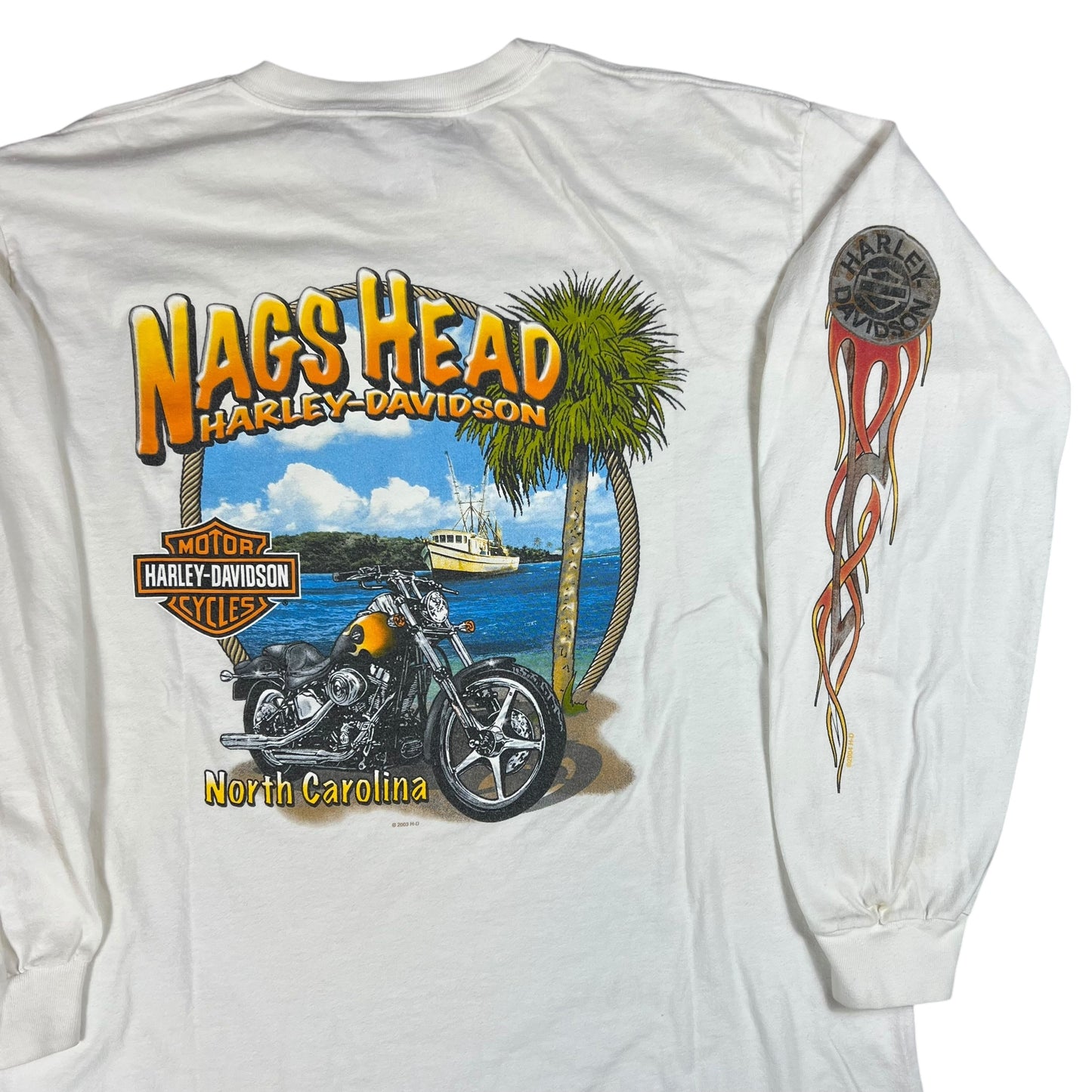 Vintage 2004 Harley Davidson Nags Head long sleeve flames print shirt (L)