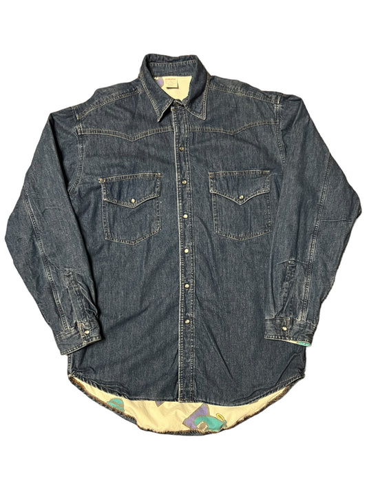 Vintage Y2K Denim all over print interior pearl snap button up shirt (L)