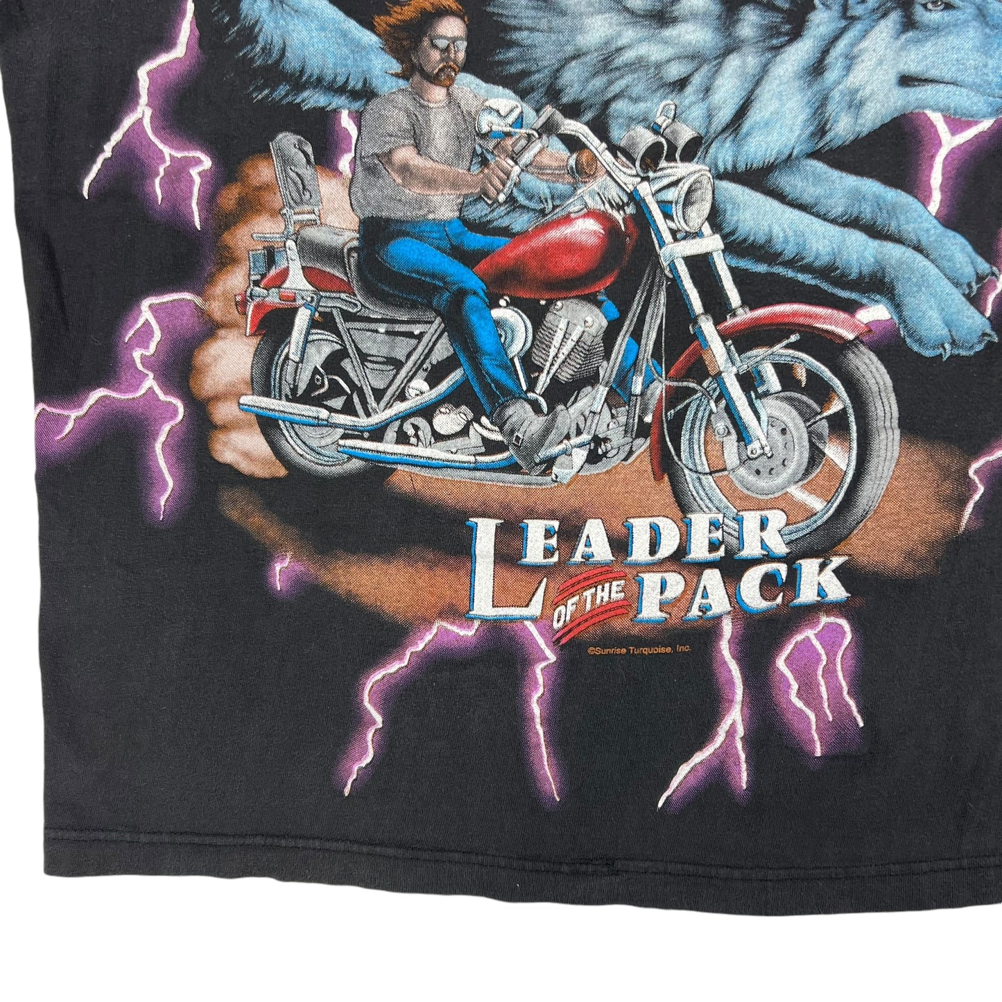 Vintage 90s American Thunder Leader of the Pack all over print lightning biker tee (L)