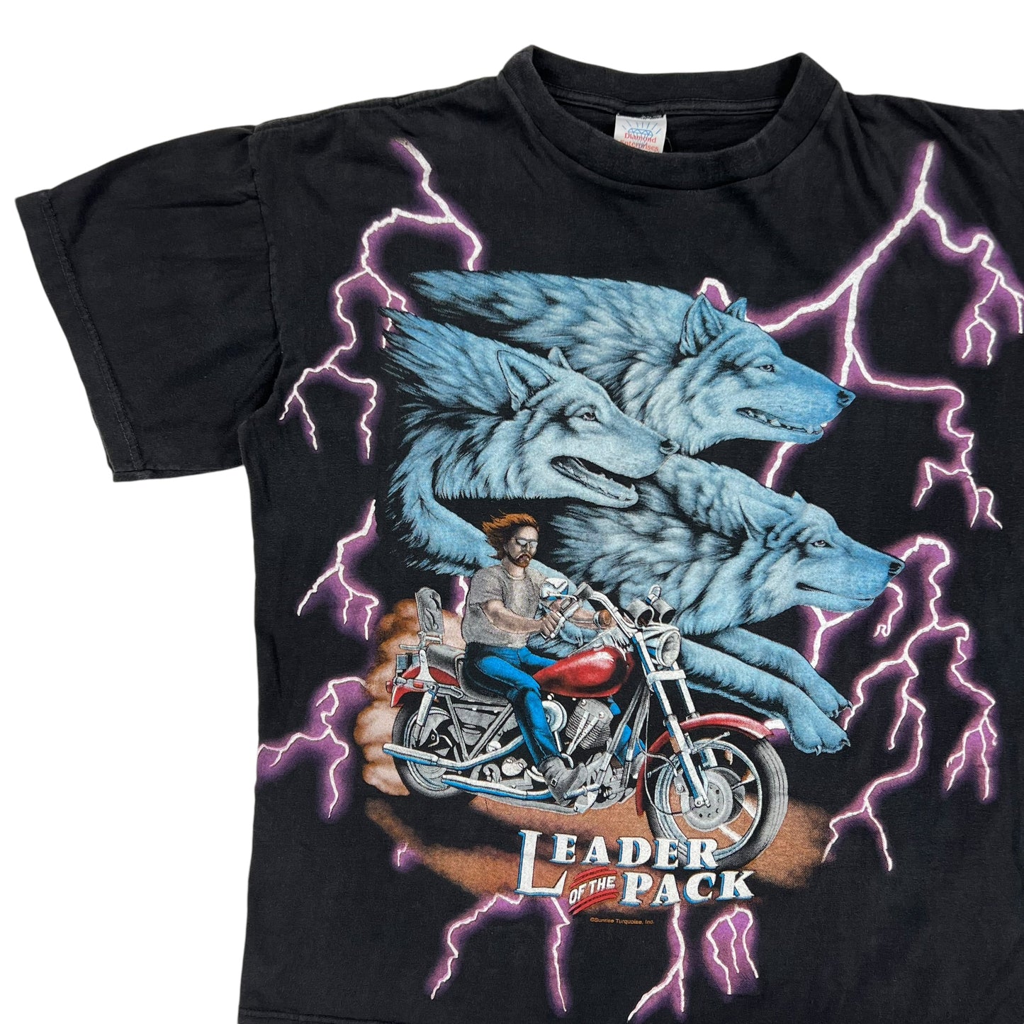 Vintage 90s American Thunder Leader of the Pack all over print lightning biker tee (L)