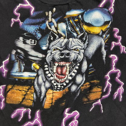 Vintage 90s American Thunder Dog all over print lightning biker tee (L)