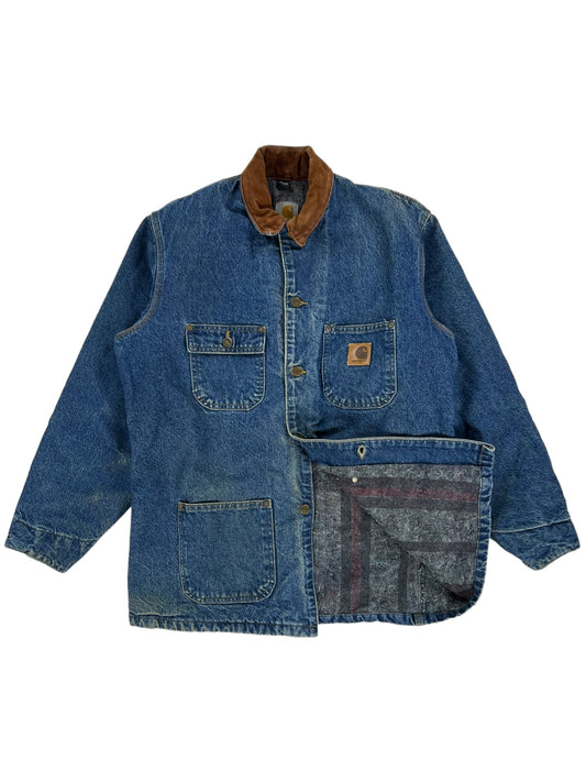 Vintage 90s Carhartt denim blanket lined chore barn coat (L)