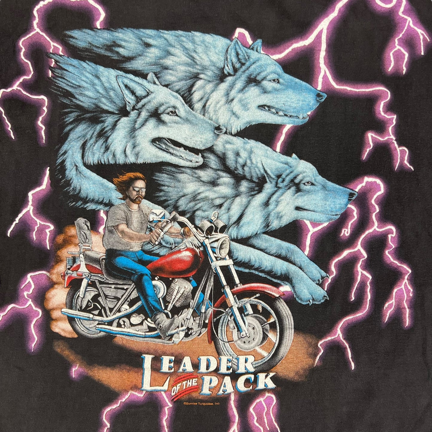 Vintage 90s American Thunder Leader of the Pack all over print lightning biker tee (L)