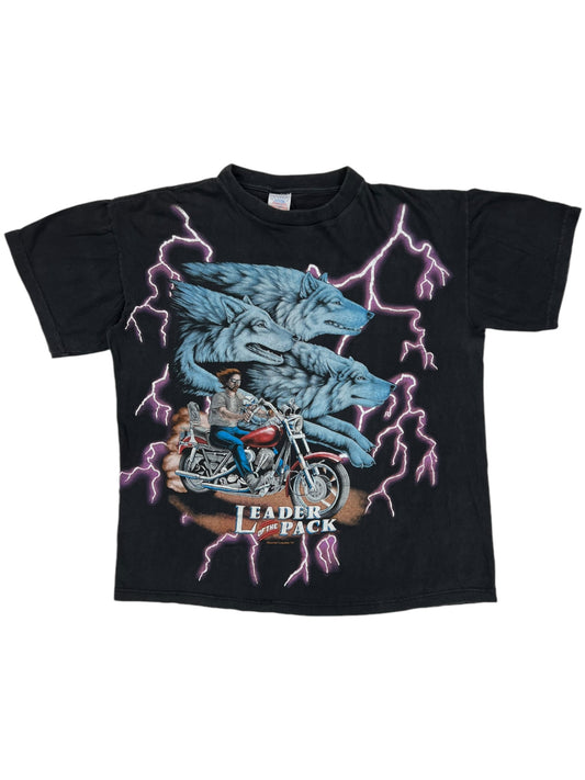 Vintage 90s American Thunder Leader of the Pack all over print lightning biker tee (L)