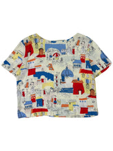 Load image into Gallery viewer, Vintage 80s City scene all over print women’s rayon blouse shirt (XL)