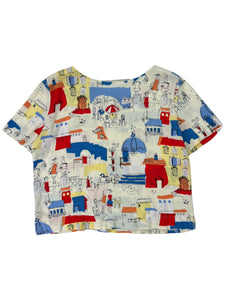 Vintage 80s City scene all over print women’s rayon blouse shirt (XL)