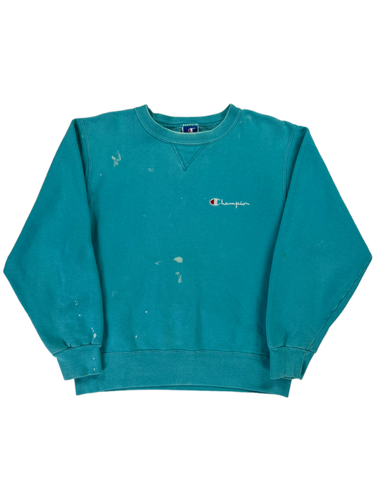 Vintage 80s Champion mini script paint splattered aqua crewneck (M)