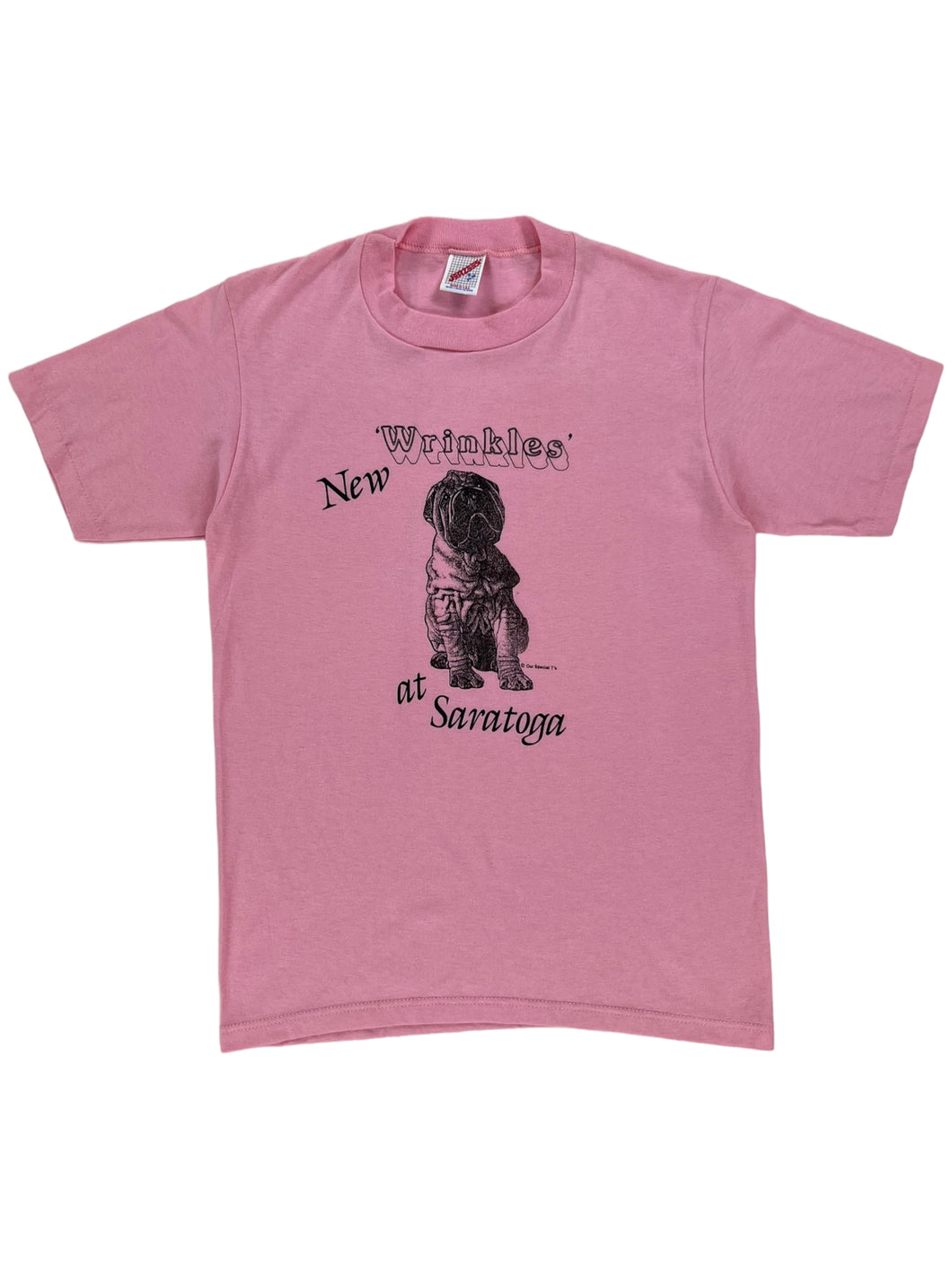 Vintage 80s New Wrinkles at Saratoga pug dog pink pastel tee (S)