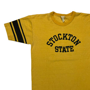 Vintage 70s Velva Sheen Stockton State college yellow tee (L)