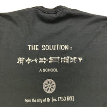 Load image into Gallery viewer, Vintage 90s Jerzees A Sumerian Riddle a house (that)… one enters it blind one enters it seeing the solution: a school tee (XL)