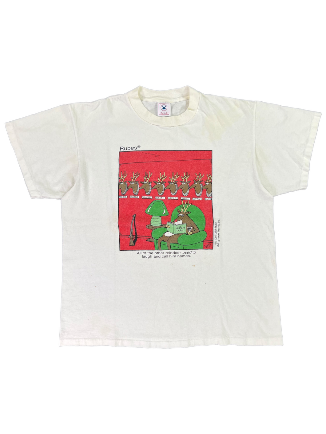 Vintage 1991 All The Other Reindeer USED to laugh and call him names Rudolph tee (L)