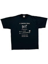 Load image into Gallery viewer, Vintage 90s Jerzees A Sumerian Riddle a house (that)… one enters it blind one enters it seeing the solution: a school tee (XL)
