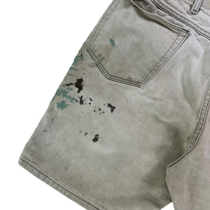 Vintage 90s Wrangler paint splattered distressed beige denim jean shorts jorts (34)