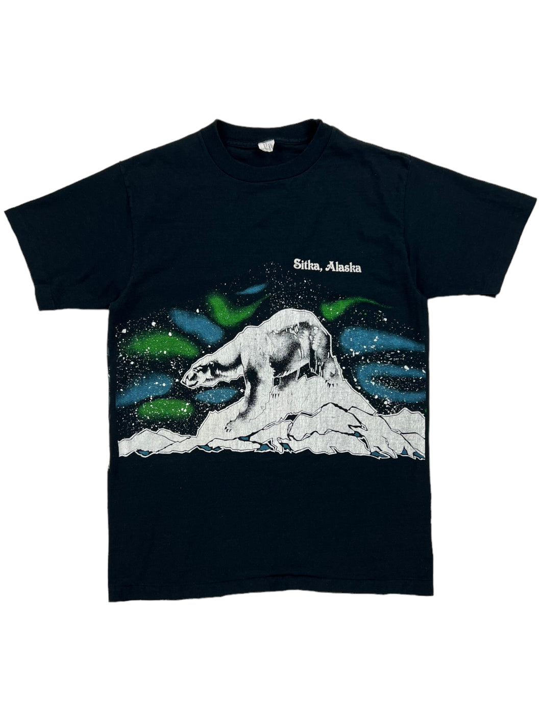 Vintage 80s Polar Bear Northern Lights Sitka, Alaska wrap around all over print tee (M)