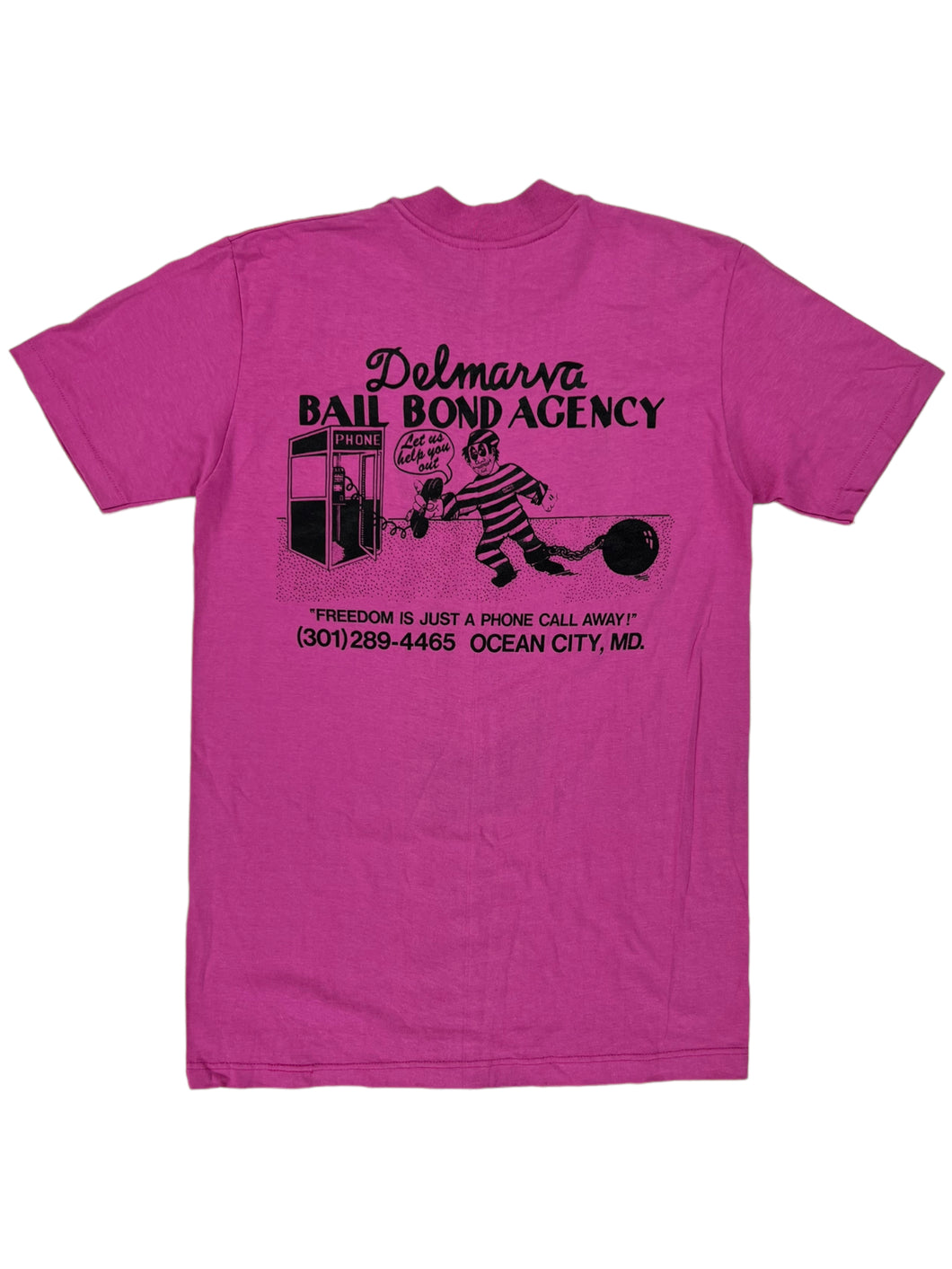 Vintage 80s Stedman Delmarva  Bail Bond Agency  “Freedom is just a phone call away” pink pocket tee (M)