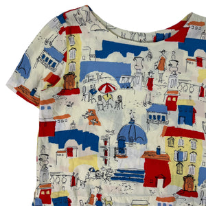 Vintage 80s City scene all over print women’s rayon blouse shirt (XL)