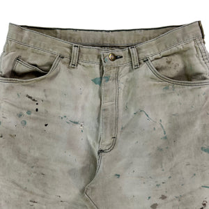 Vintage 90s Wrangler paint splattered distressed beige denim jean shorts jorts (34)